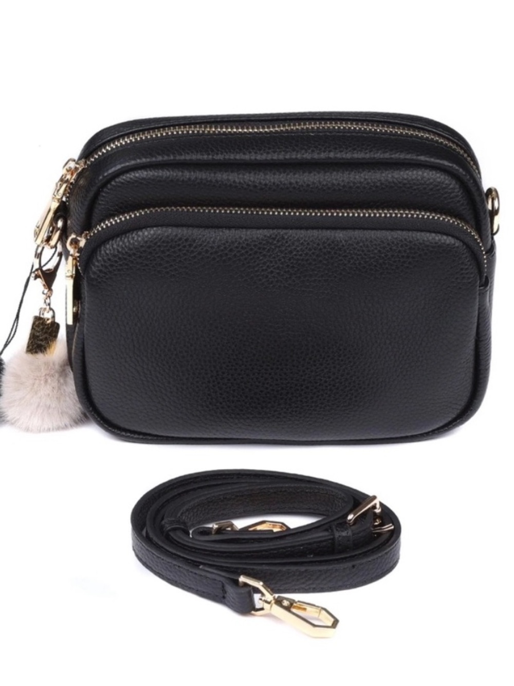 Pom Pom London Mayfair Crossbody Bag Purse Bag Charm Black Pebbled
